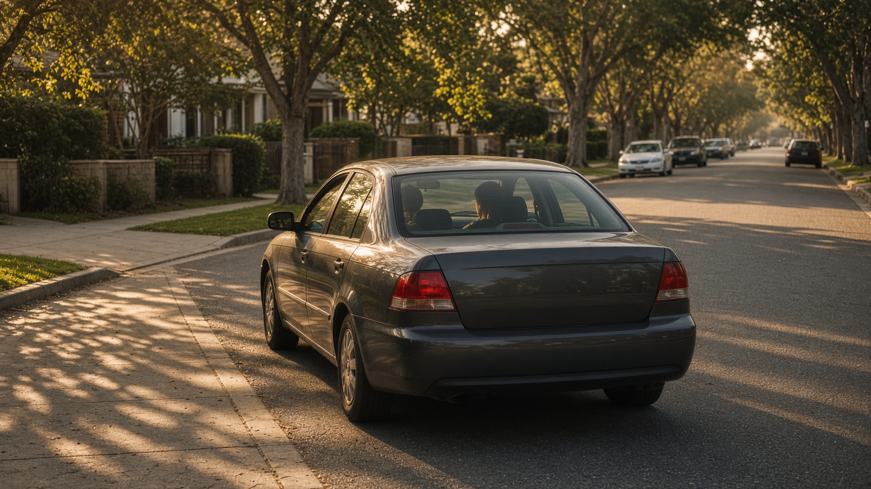 Training sedan on a tree-lined Southern California street during a behind-the-wheel lesson